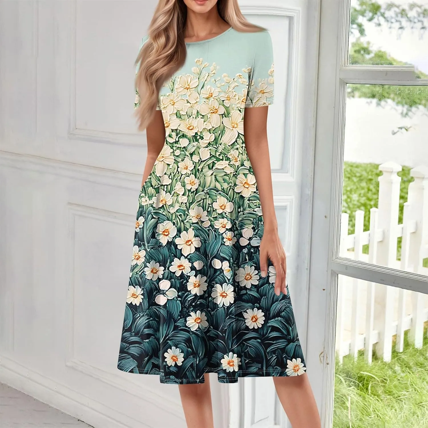 Summer Dresses for Women 2025 Beach Vacation Elegant Crewneck Short Sleeve Midi Sun Dress A Line Dress Side Pockets