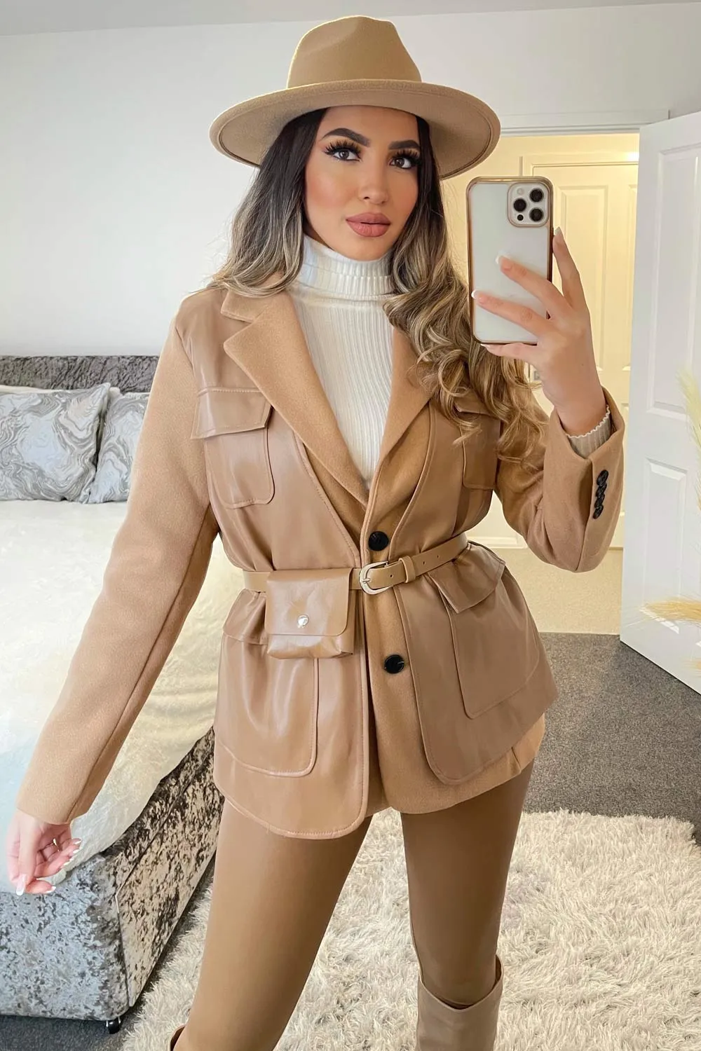 Tami Camel Faux Leather PU Belt Bag Jacket