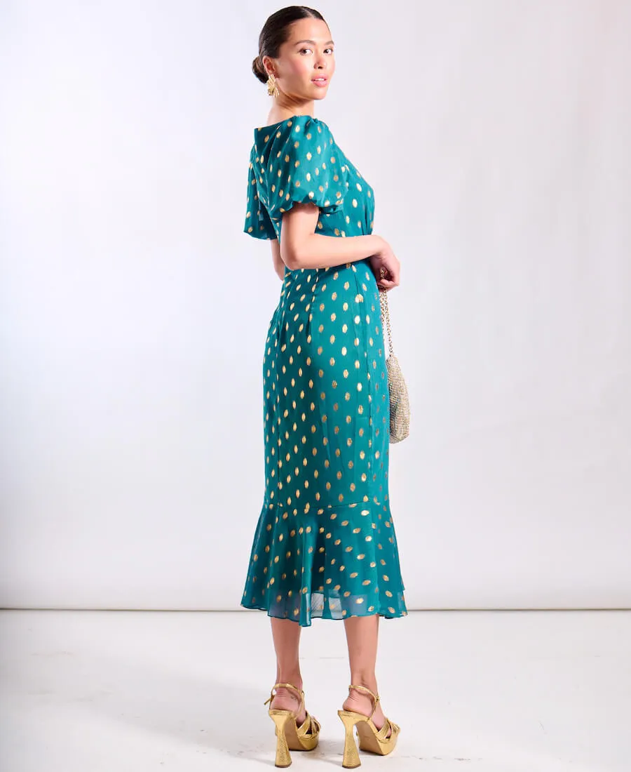 Teal Chiffon Foil Puff Sleeve Midi Dress