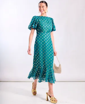 Teal Chiffon Foil Puff Sleeve Midi Dress