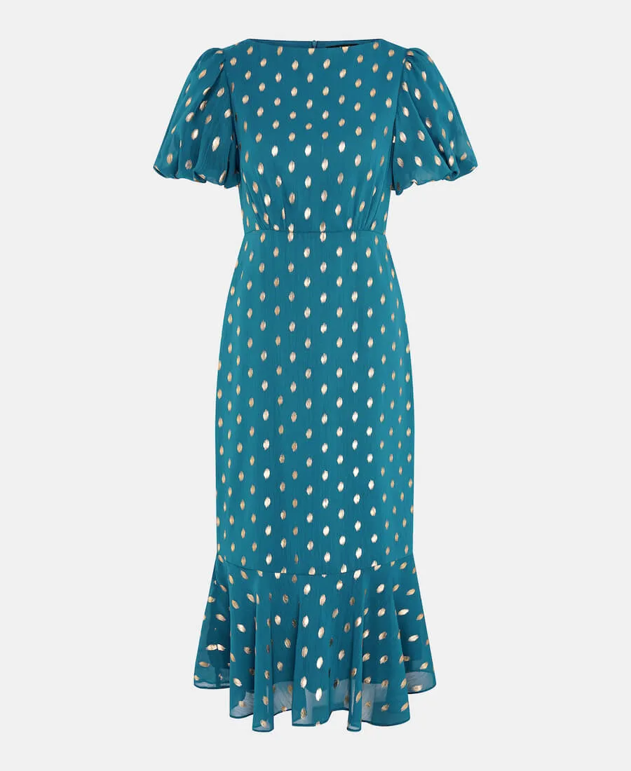 Teal Chiffon Foil Puff Sleeve Midi Dress