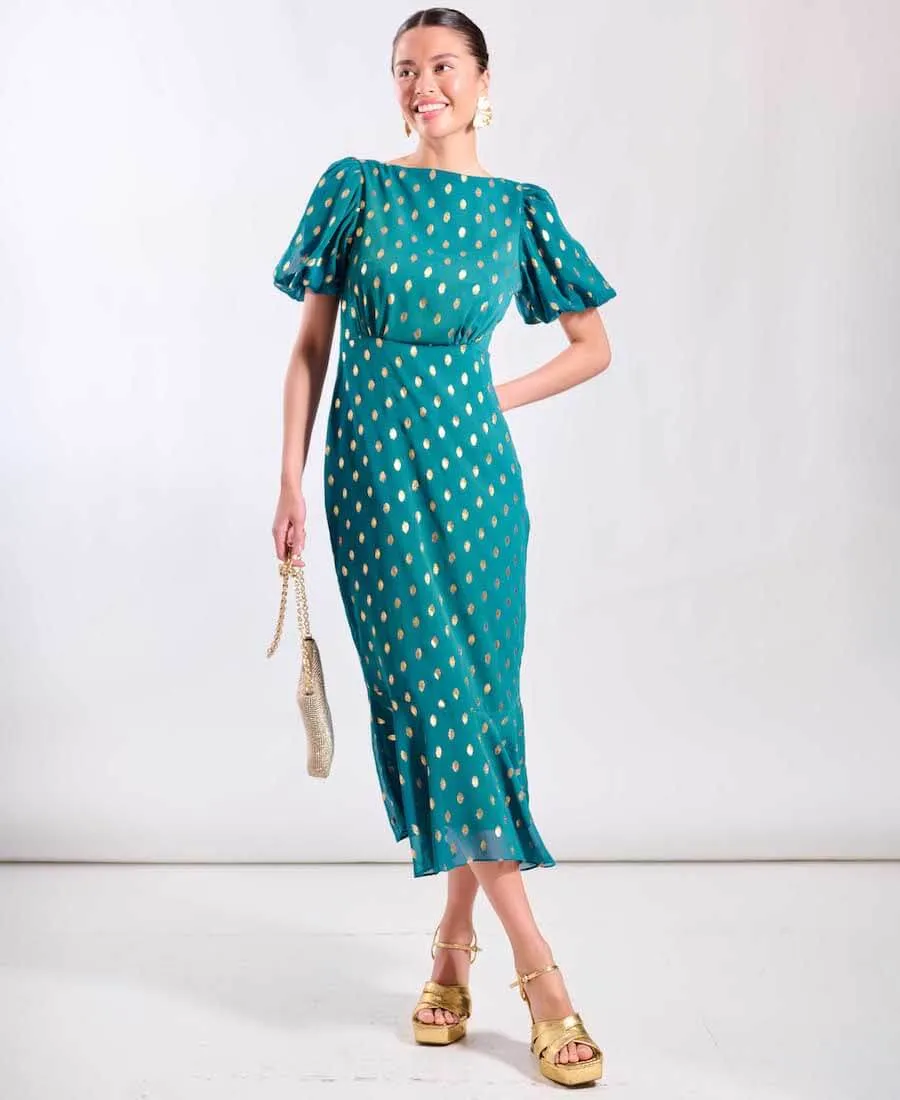 Teal Chiffon Foil Puff Sleeve Midi Dress