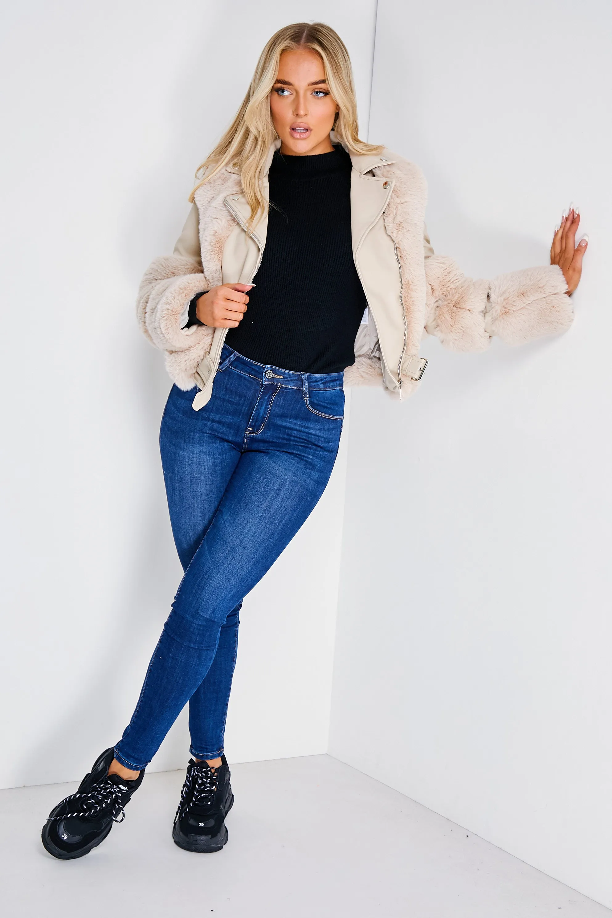 Tegan Beige Faux Fur PU Aviator Jacket