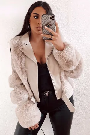 Tegan Beige Faux Fur PU Aviator Jacket