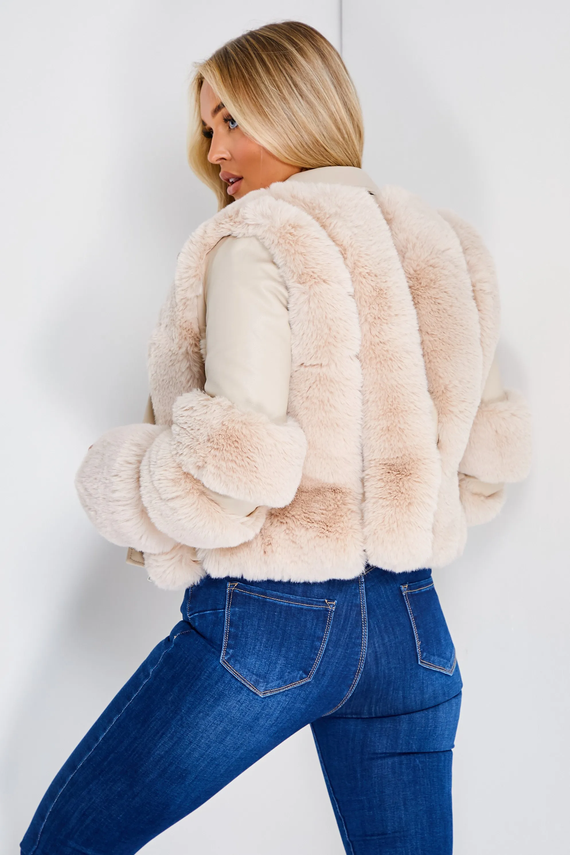 Tegan Beige Faux Fur PU Aviator Jacket