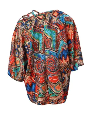 Tribal Print Cold Shoulder Bell Sleeve Top