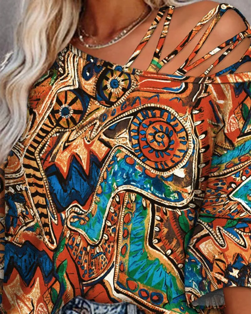 Tribal Print Cold Shoulder Bell Sleeve Top