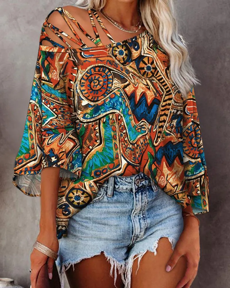 Tribal Print Cold Shoulder Bell Sleeve Top