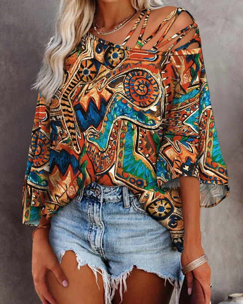 Tribal Print Cold Shoulder Bell Sleeve Top
