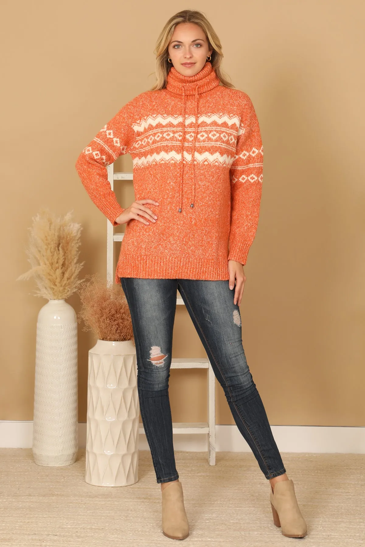 TURTLE NECK  DRAWSTRING PRINTED KNIT SWEATER