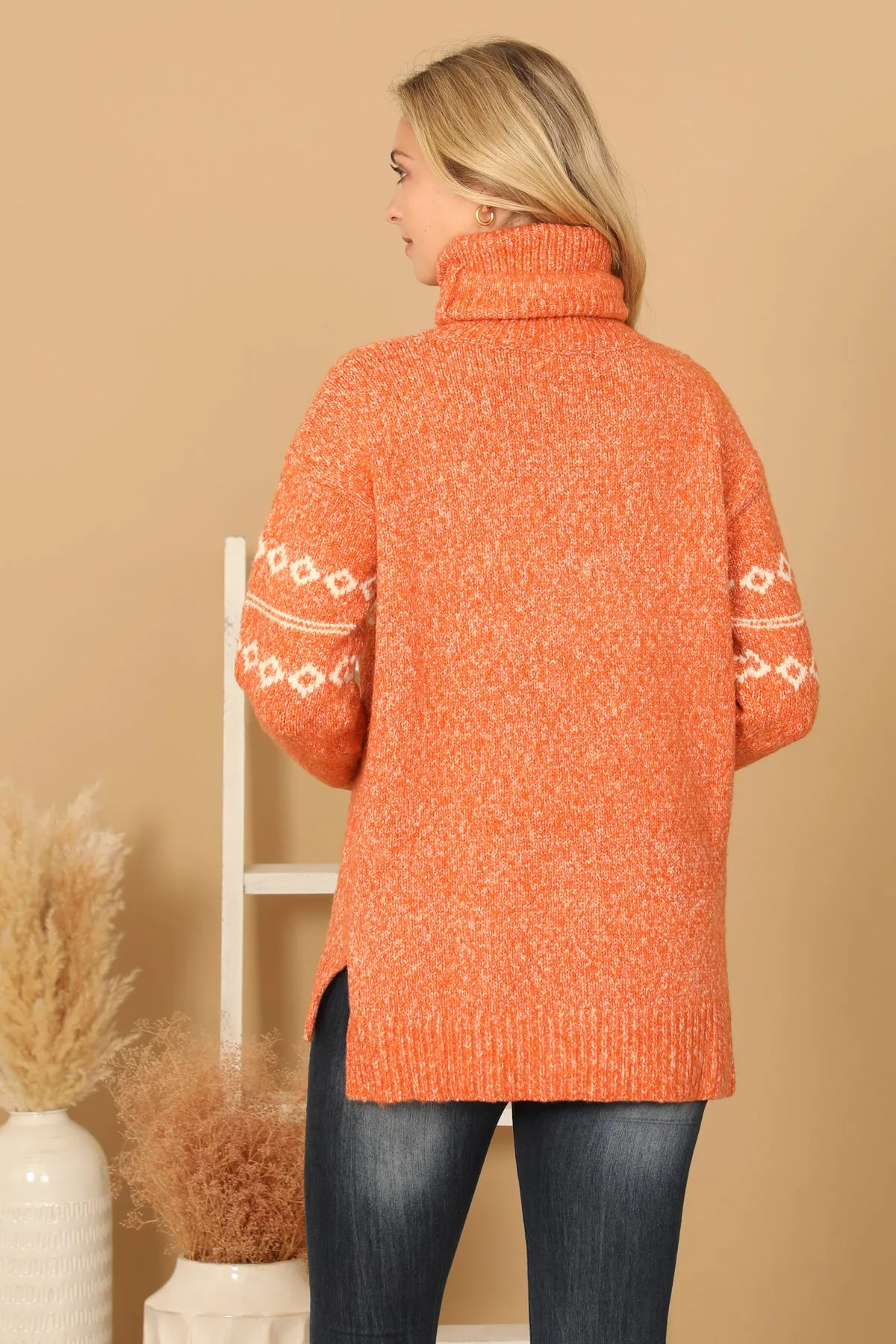 TURTLE NECK  DRAWSTRING PRINTED KNIT SWEATER