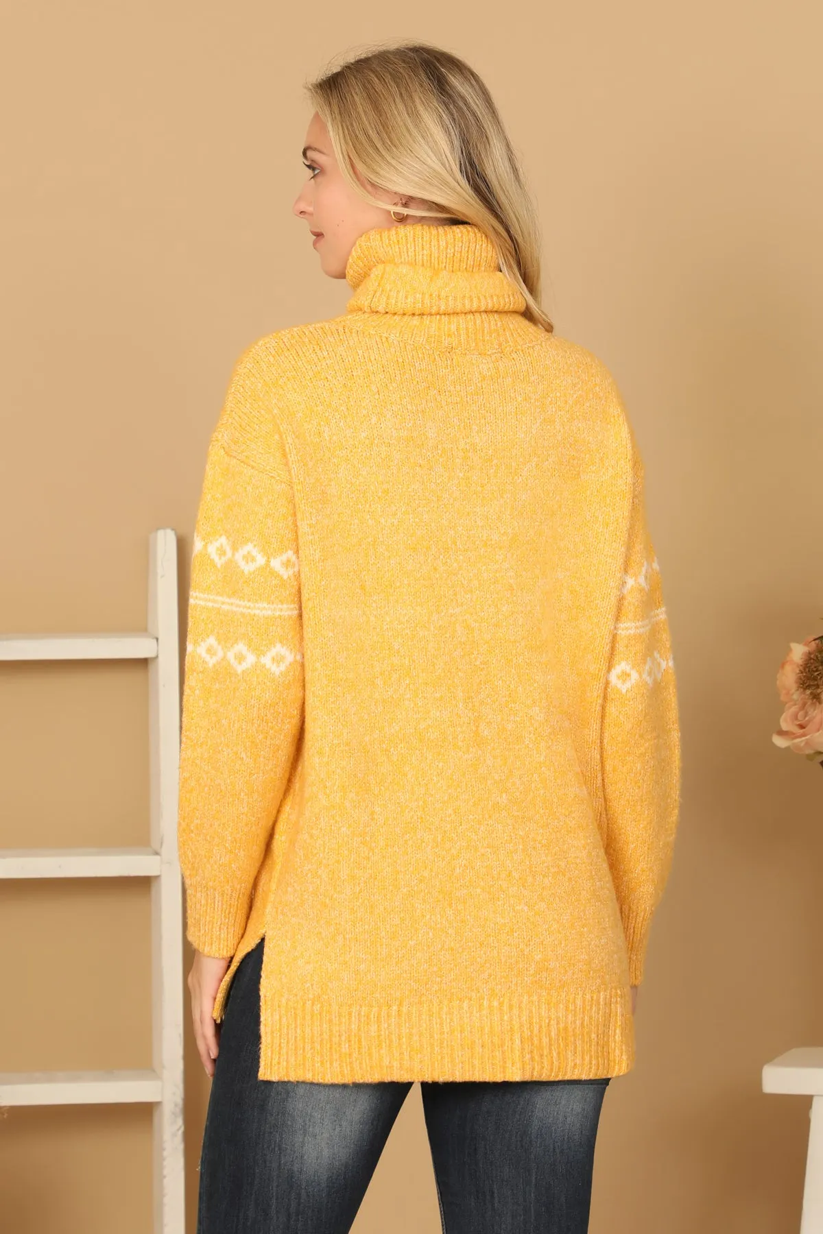 TURTLE NECK  DRAWSTRING PRINTED KNIT SWEATER
