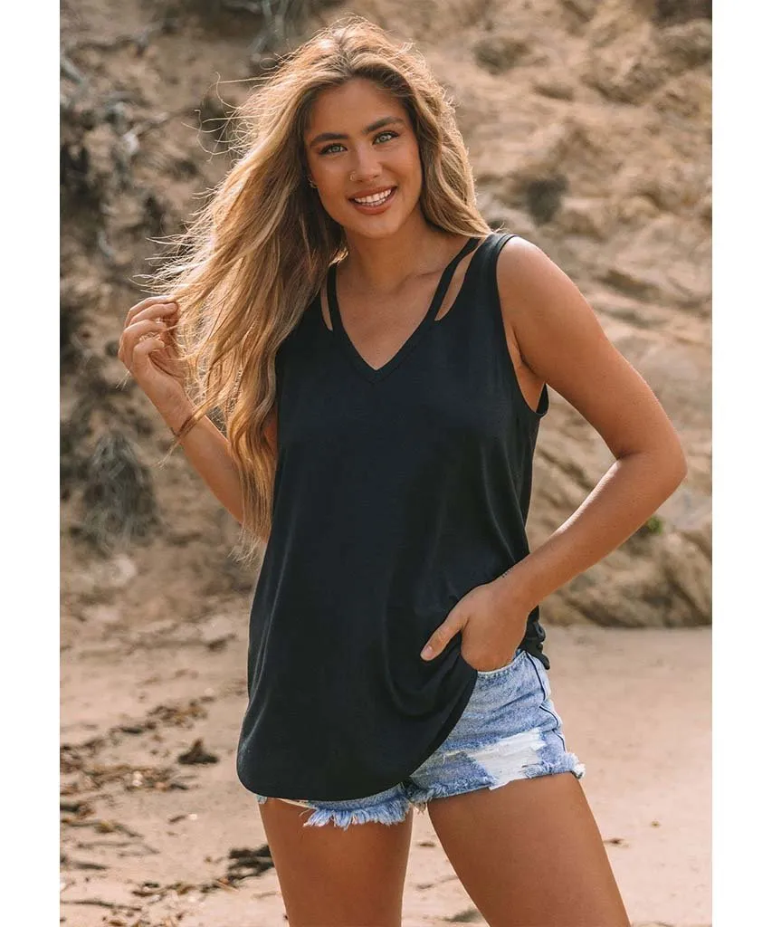 V-Neck Cutout Shirttail Tank Black