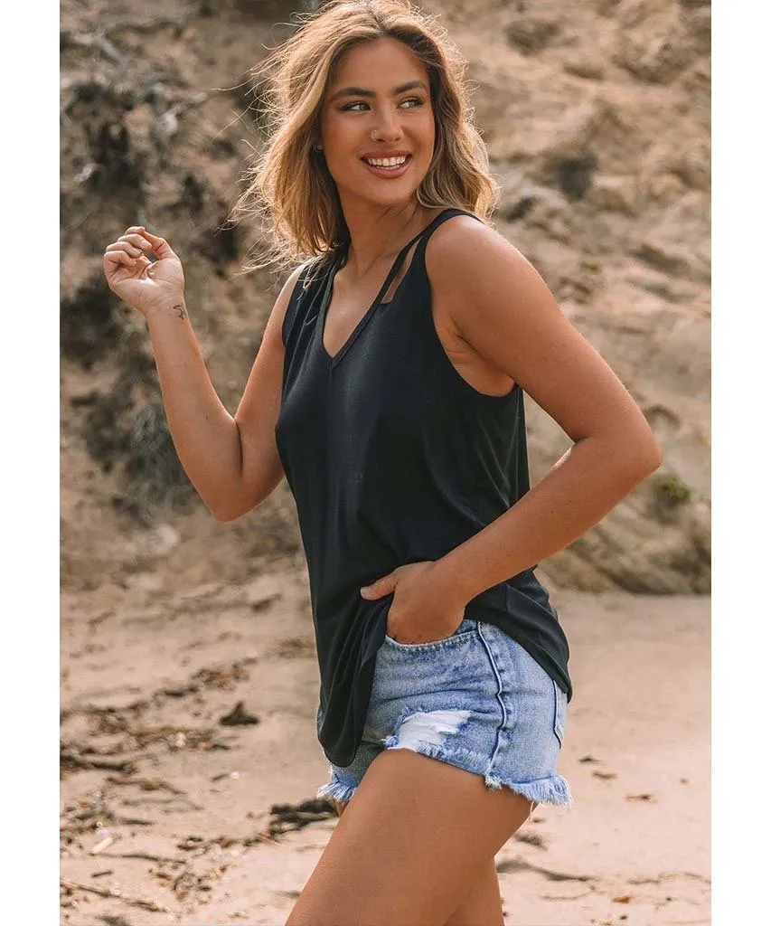 V-Neck Cutout Shirttail Tank Black