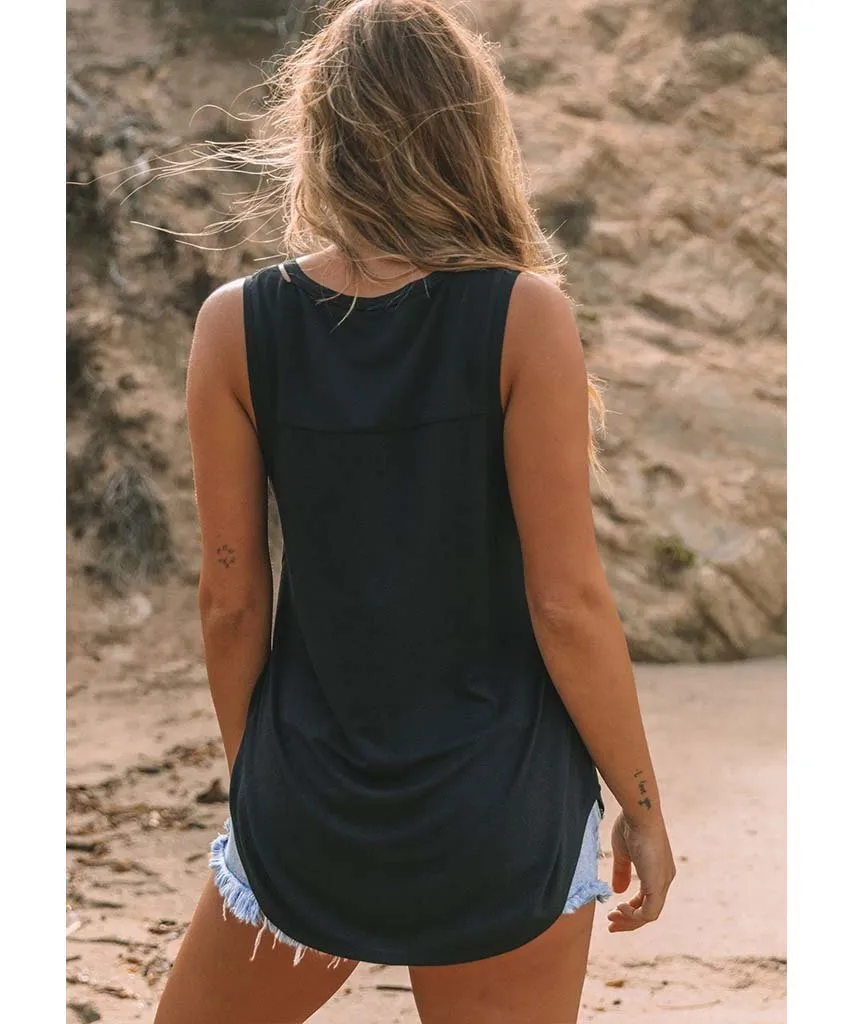 V-Neck Cutout Shirttail Tank Black