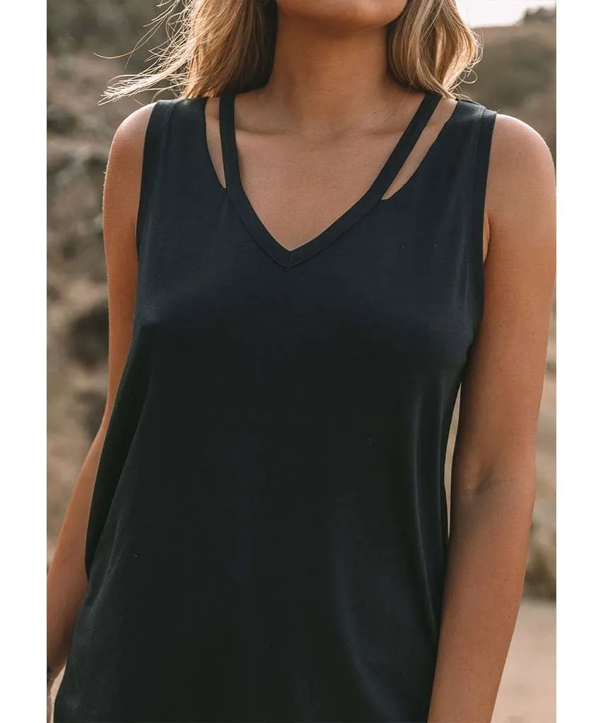 V-Neck Cutout Shirttail Tank Black