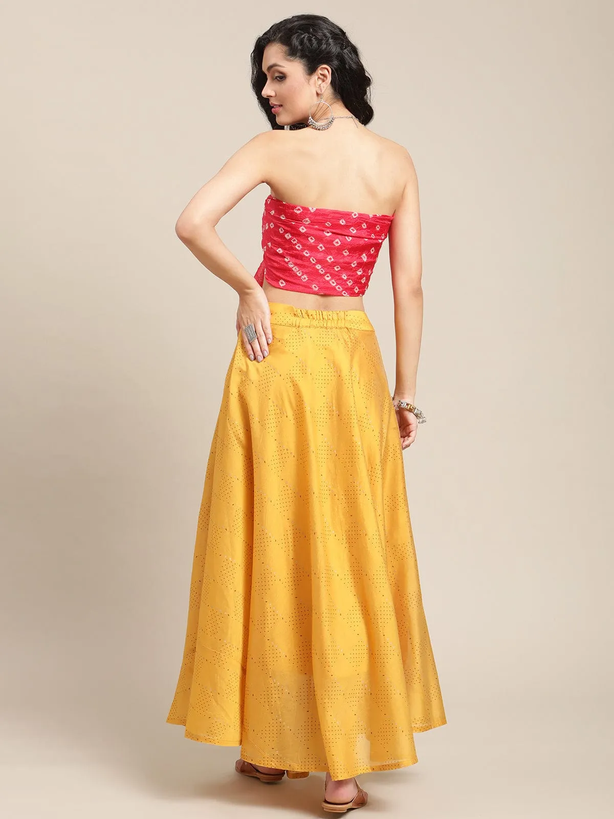 Varanga Women Mustard Yellow Printed Pure Silk Flared Maxi-Skirt