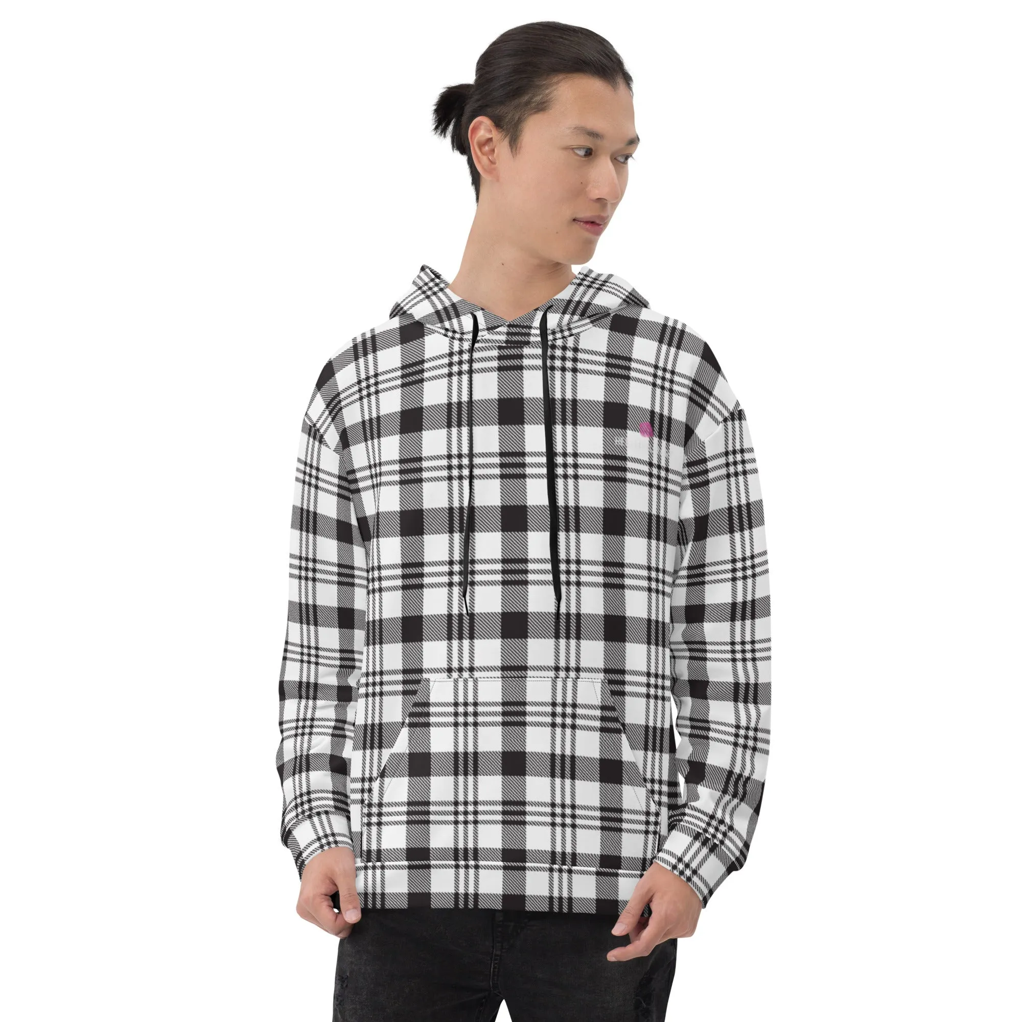 White Black Plaid Printed Hoodie, Plaid Print Unisex Soft Fleece Designer Hoodie- Made in USA/MX/EU