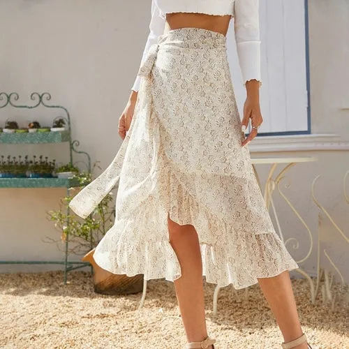 Woman Skirts High Waist Fashion Long Black Knotted Tied Wrap Floral