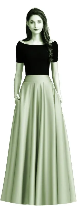 Women Long Satin Skirts A-Line Flared Maxi Skirts Floor Length Formal Prom Party Skirts with Pockets