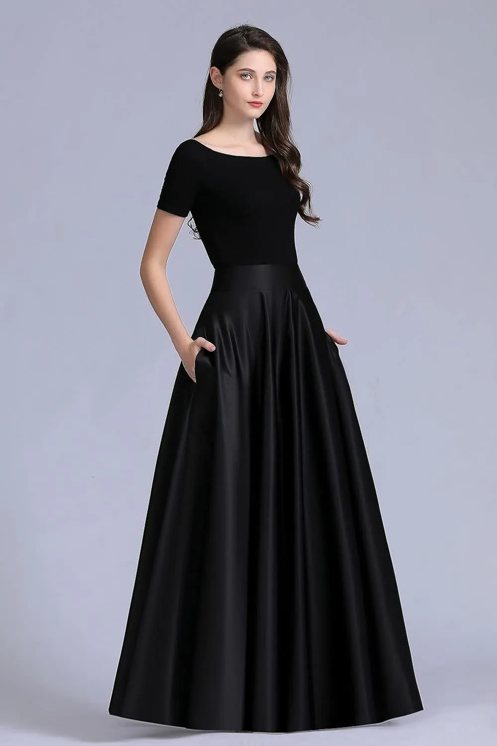 Women Long Satin Skirts A-Line Flared Maxi Skirts Floor Length Formal Prom Party Skirts with Pockets