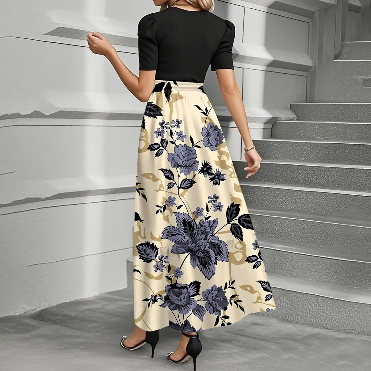 Women Summer Midi Dress- Floral Short Sleeve Patchwork Ruffle Hem Dresses Teacher Church Business Casual Work Outfits