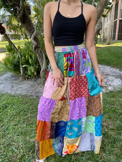 Womens Beach Festival Retro Summer Patchwork Skirt, multi blue Recycle Silk Sari Skirts S/M