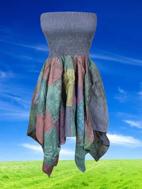 Women’s Boho Patchwork Sundress, Grey 2 in 1 Maxi Skirt Patchwork Dress S/M