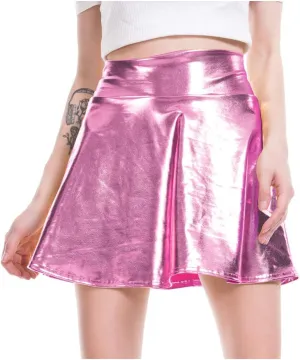 Women's Casual Fashion Shiny Flared Pleated A-Line Mini Skirt Girls Petticoat Skirt