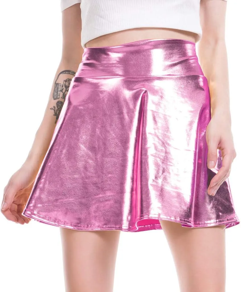 Women's Casual Fashion Shiny Flared Pleated A-Line Mini Skirt Girls Petticoat Skirt