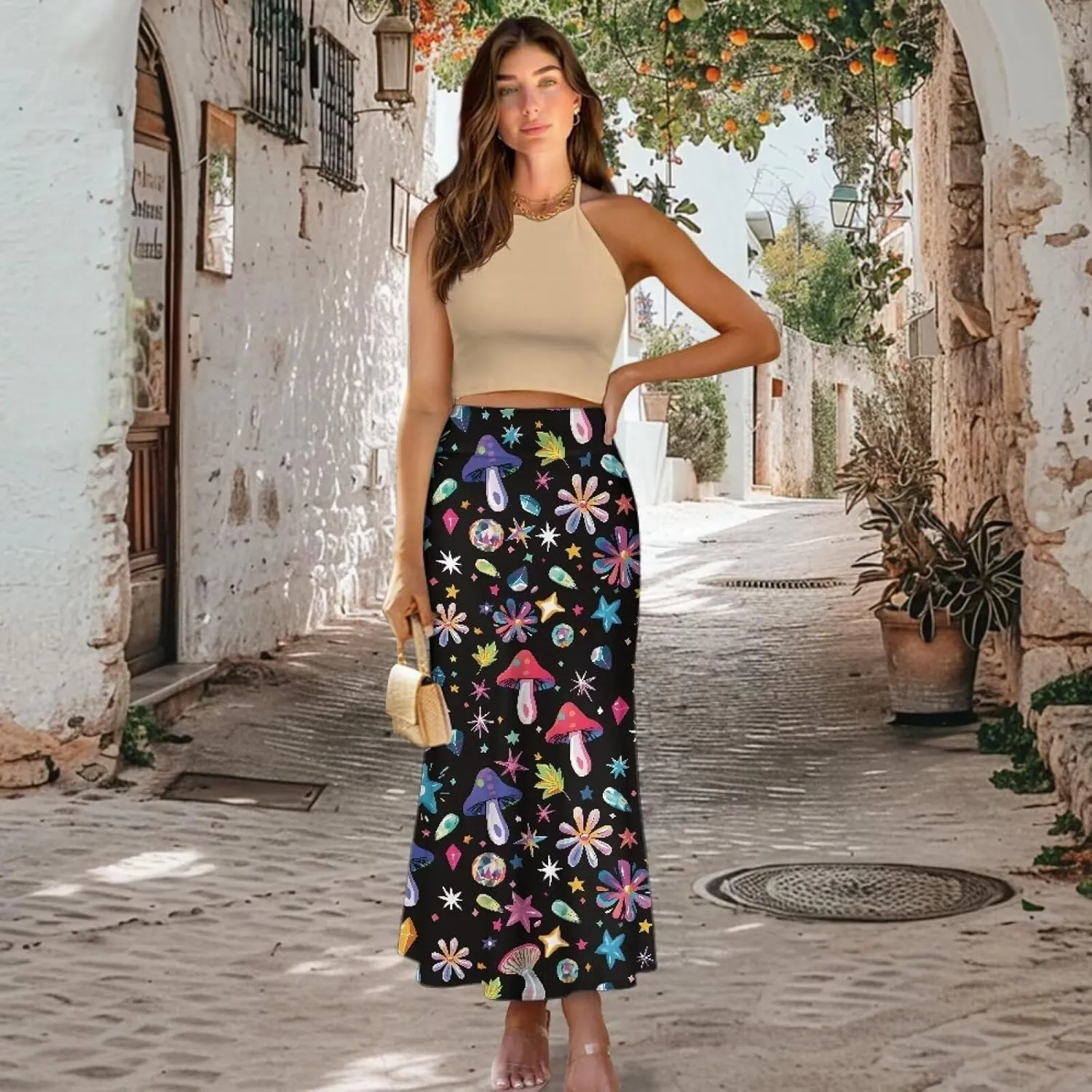 Women's Flared Midi Skirt Elastic High Waist Maxi Skirts Casual Flowy A Line Beach Long Skirt with Side Zipper