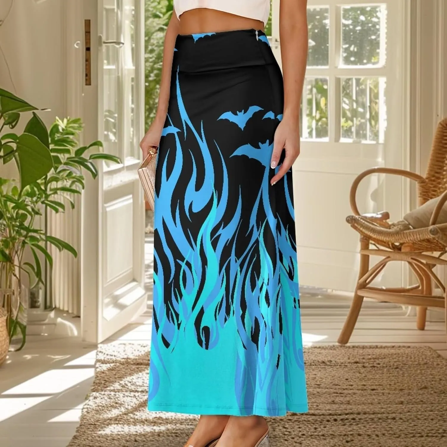 Women's Flared Midi Skirt Elastic High Waist Maxi Skirts Casual Flowy A Line Beach Long Skirt with Side Zipper
