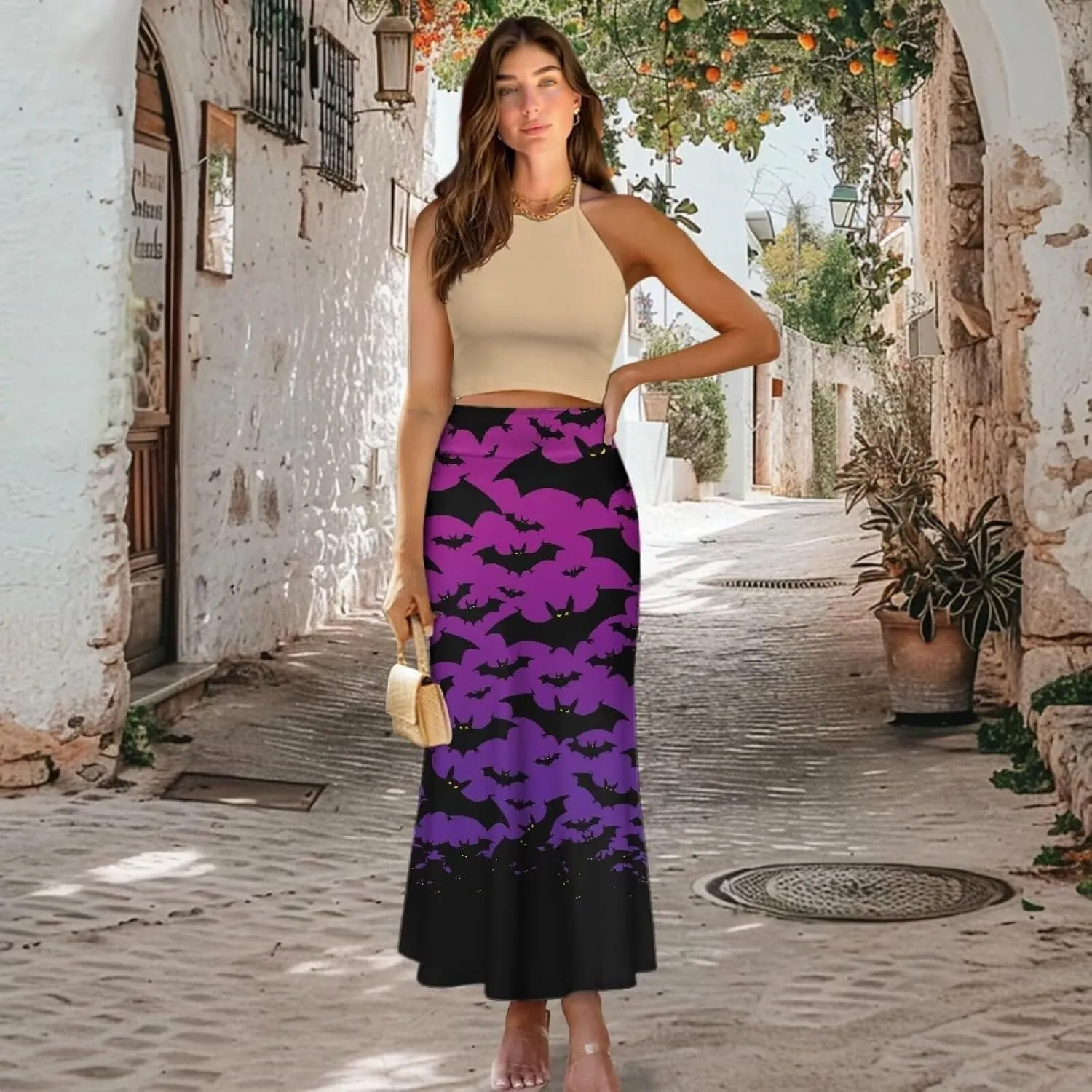 Women's Flared Midi Skirt Elastic High Waist Maxi Skirts Casual Flowy A Line Beach Long Skirt with Side Zipper