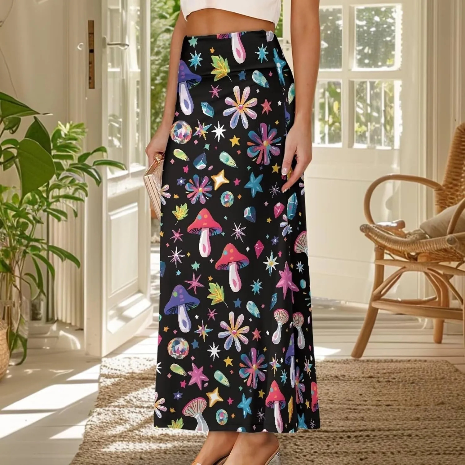 Women's Flared Midi Skirt Elastic High Waist Maxi Skirts Casual Flowy A Line Beach Long Skirt with Side Zipper
