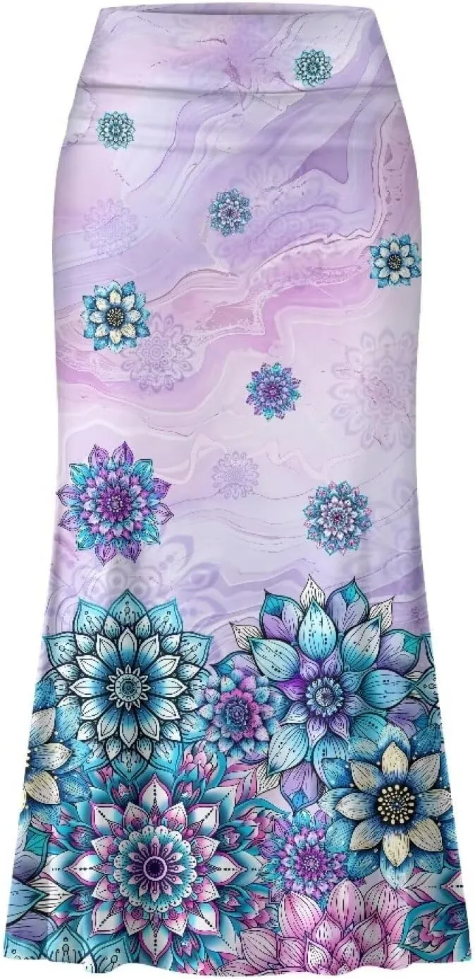 Women's Flared Midi Skirt Elastic High Waist Maxi Skirts Casual Flowy A Line Beach Long Skirt with Side Zipper