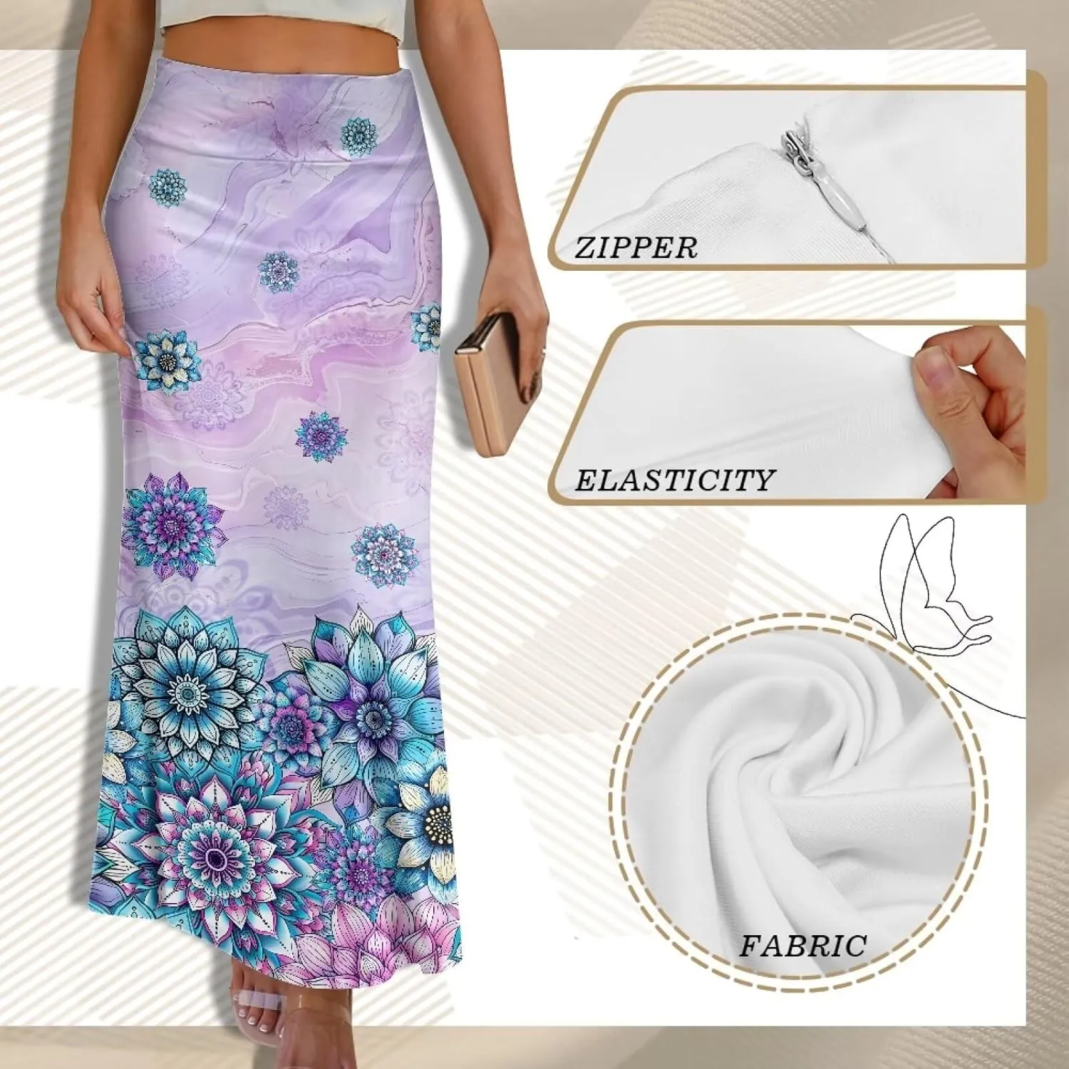 Women's Flared Midi Skirt Elastic High Waist Maxi Skirts Casual Flowy A Line Beach Long Skirt with Side Zipper