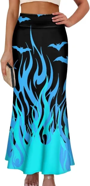 Women's Flared Midi Skirt Elastic High Waist Maxi Skirts Casual Flowy A Line Beach Long Skirt with Side Zipper