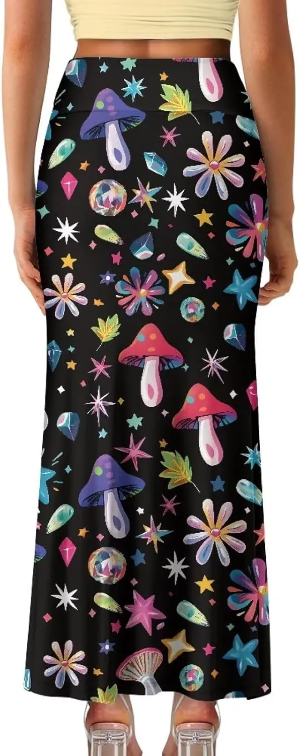 Women's Flared Midi Skirt Elastic High Waist Maxi Skirts Casual Flowy A Line Beach Long Skirt with Side Zipper