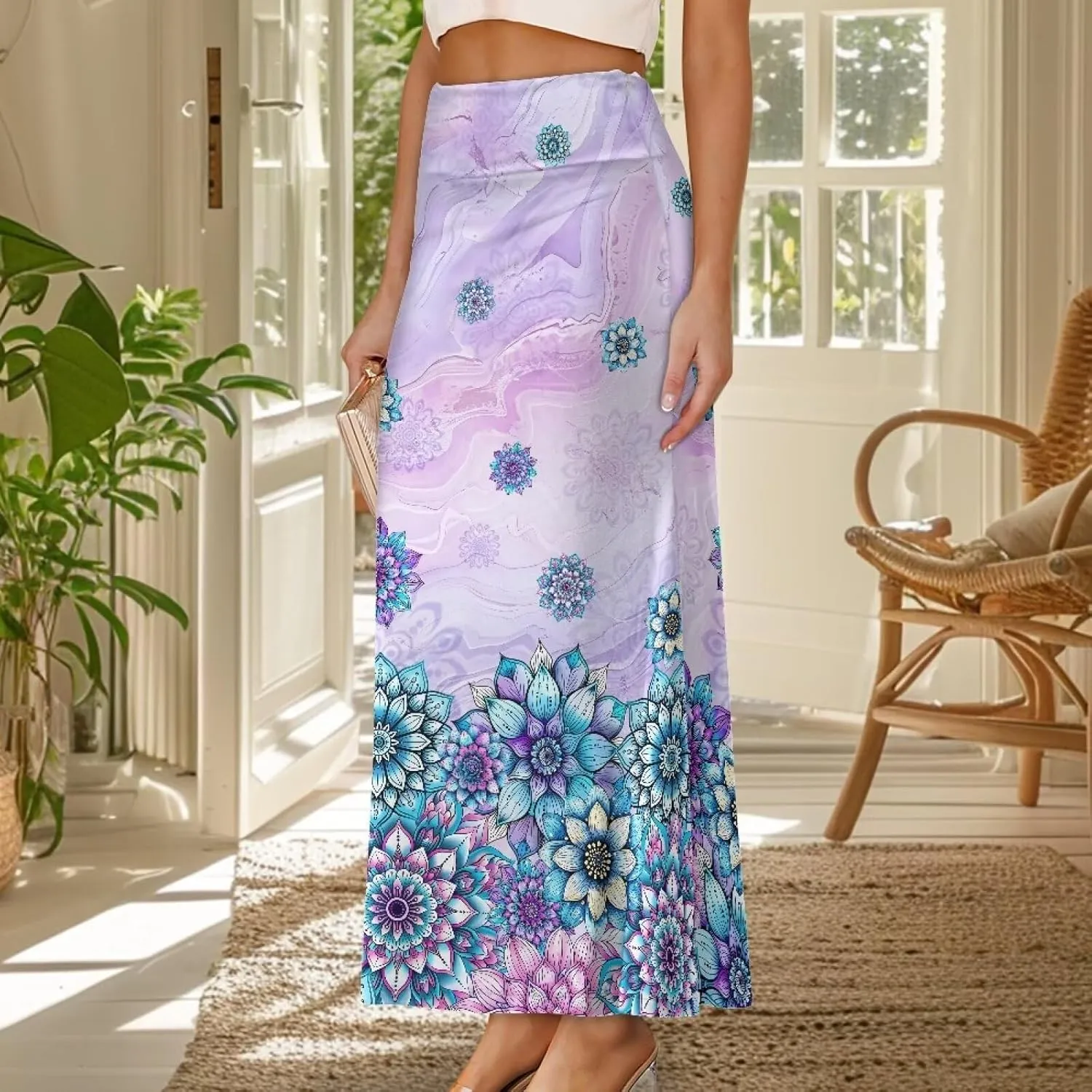 Women's Flared Midi Skirt Elastic High Waist Maxi Skirts Casual Flowy A Line Beach Long Skirt with Side Zipper