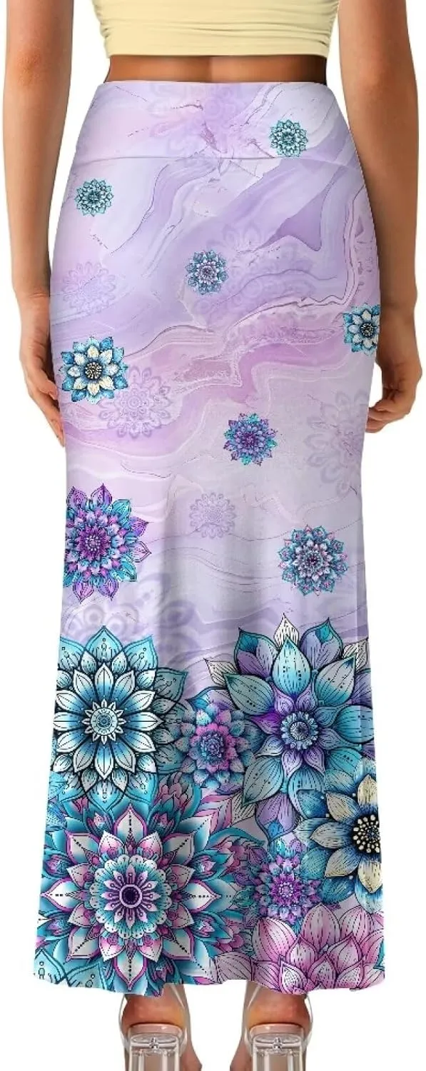 Women's Flared Midi Skirt Elastic High Waist Maxi Skirts Casual Flowy A Line Beach Long Skirt with Side Zipper