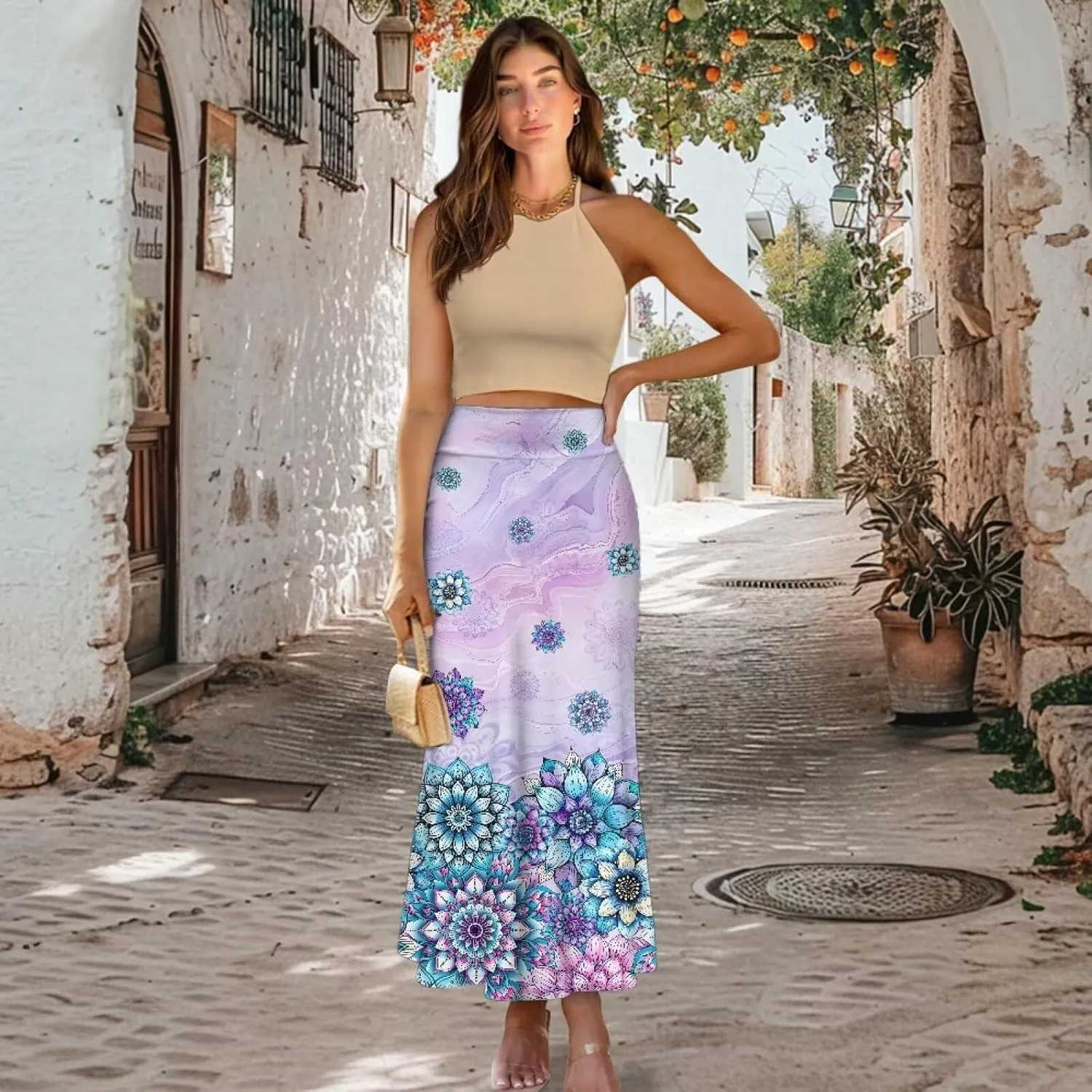 Women's Flared Midi Skirt Elastic High Waist Maxi Skirts Casual Flowy A Line Beach Long Skirt with Side Zipper