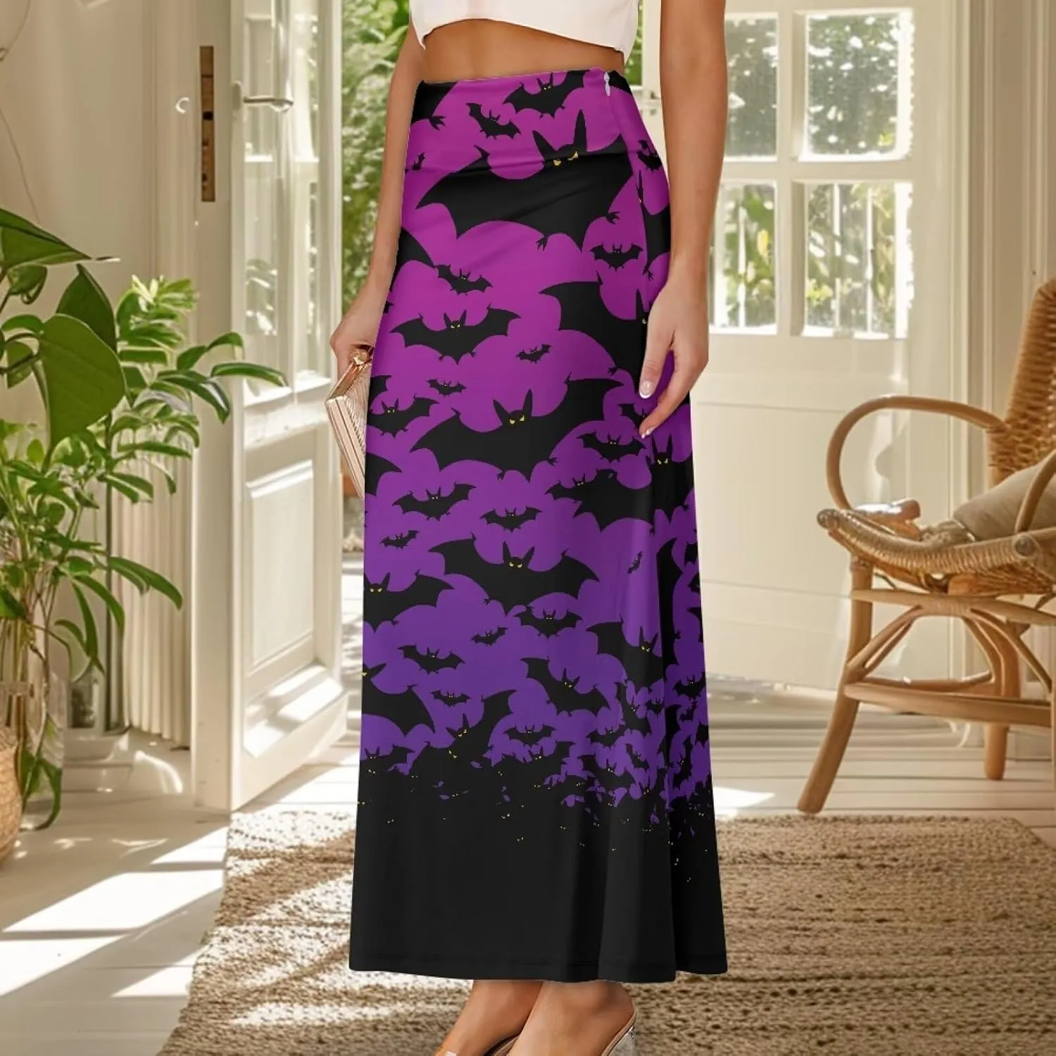 Women's Flared Midi Skirt Elastic High Waist Maxi Skirts Casual Flowy A Line Beach Long Skirt with Side Zipper