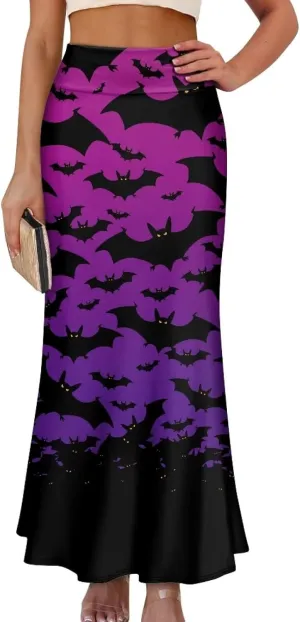 Women's Flared Midi Skirt Elastic High Waist Maxi Skirts Casual Flowy A Line Beach Long Skirt with Side Zipper