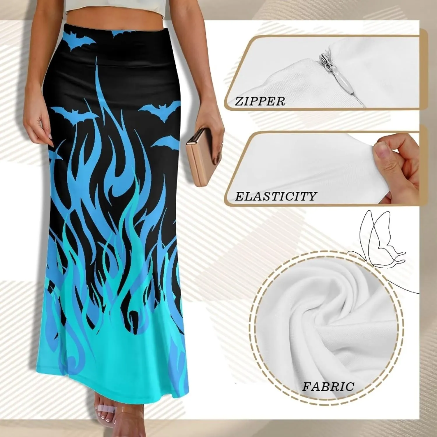 Women's Flared Midi Skirt Elastic High Waist Maxi Skirts Casual Flowy A Line Beach Long Skirt with Side Zipper
