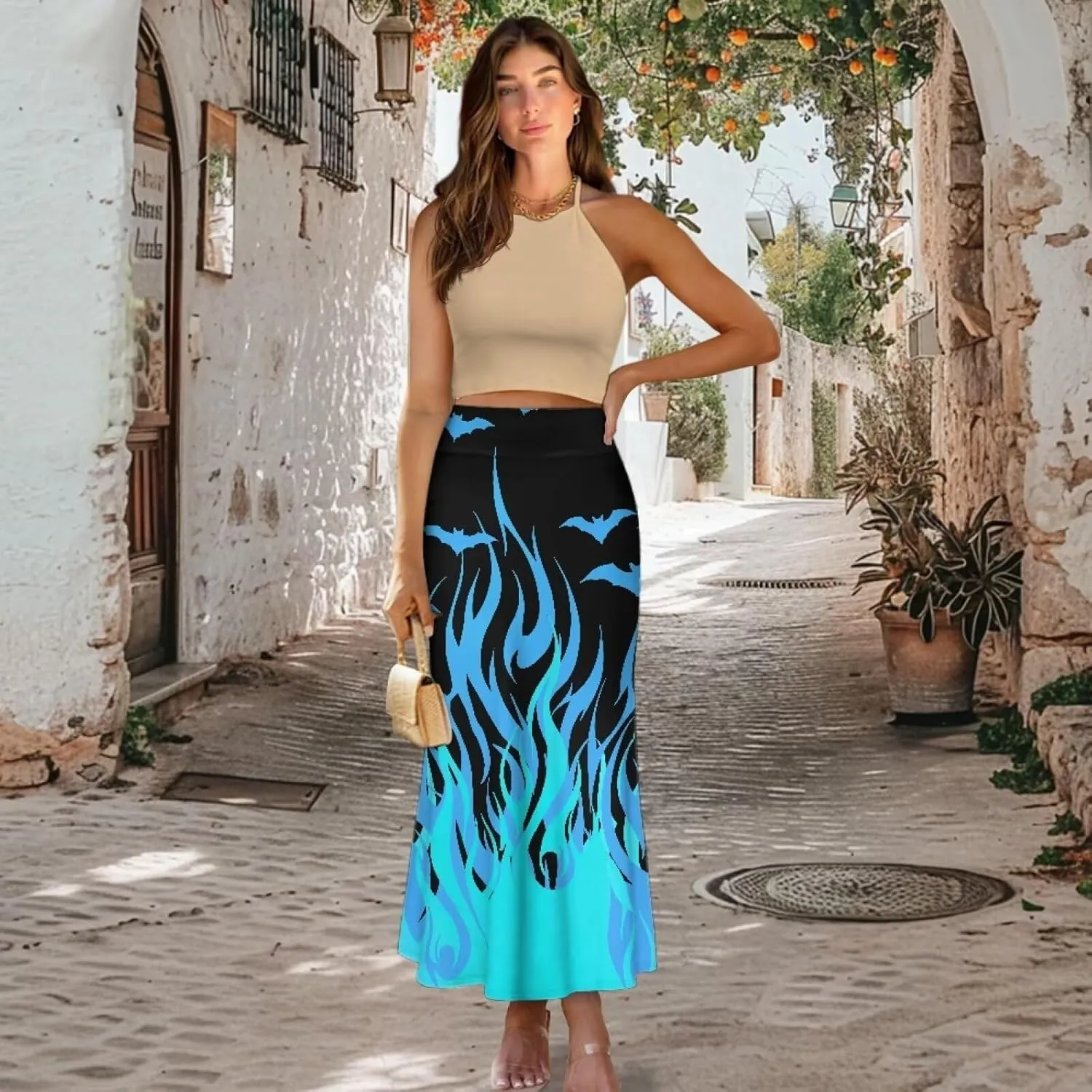 Women's Flared Midi Skirt Elastic High Waist Maxi Skirts Casual Flowy A Line Beach Long Skirt with Side Zipper