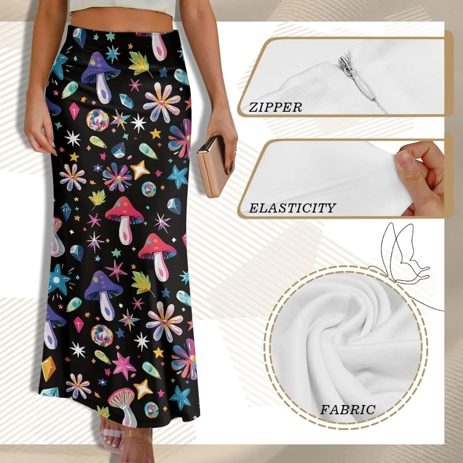 Women's Flared Midi Skirt Elastic High Waist Maxi Skirts Casual Flowy A Line Beach Long Skirt with Side Zipper