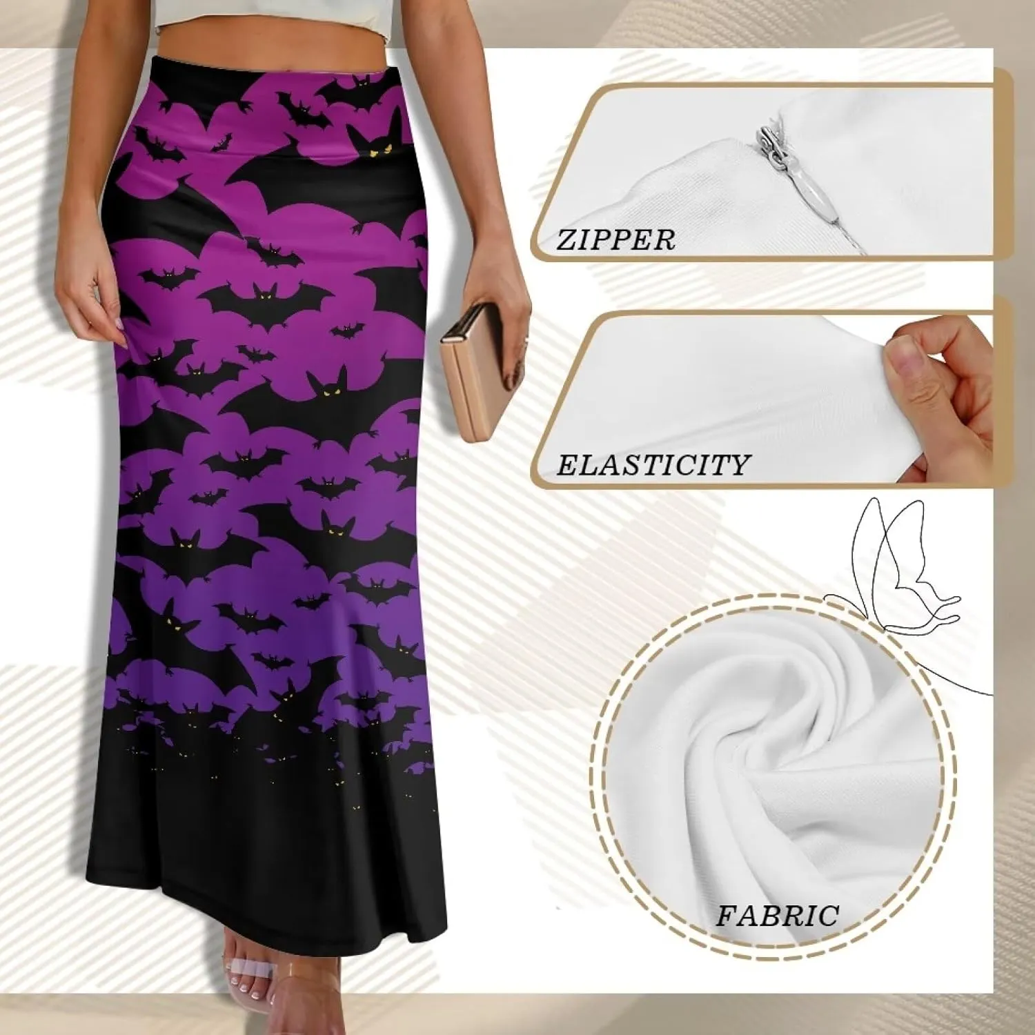 Women's Flared Midi Skirt Elastic High Waist Maxi Skirts Casual Flowy A Line Beach Long Skirt with Side Zipper