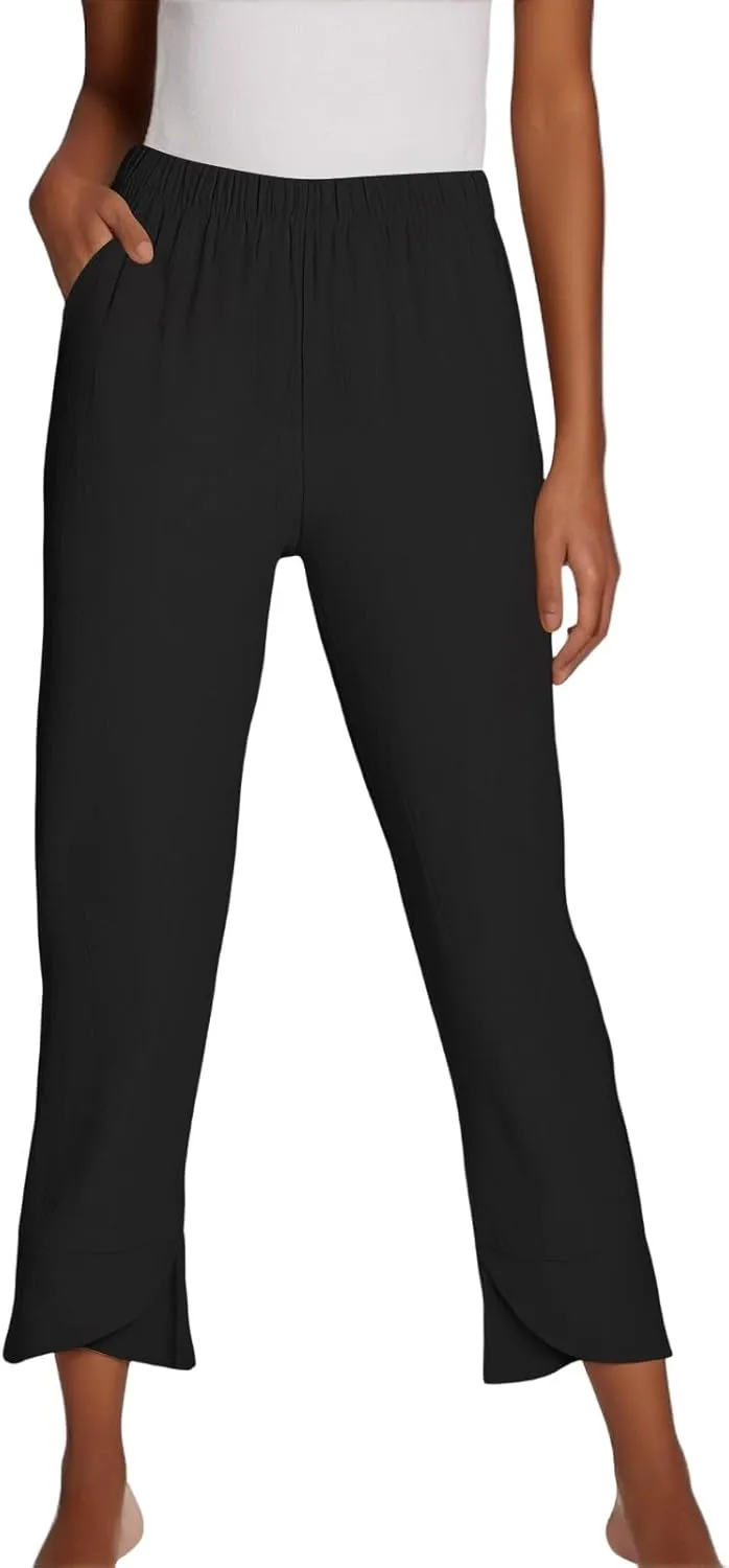 Women's Pants Fashion Baggy Pants Petite Summer Straight Leg Elastic Waist Trousers with Pockets