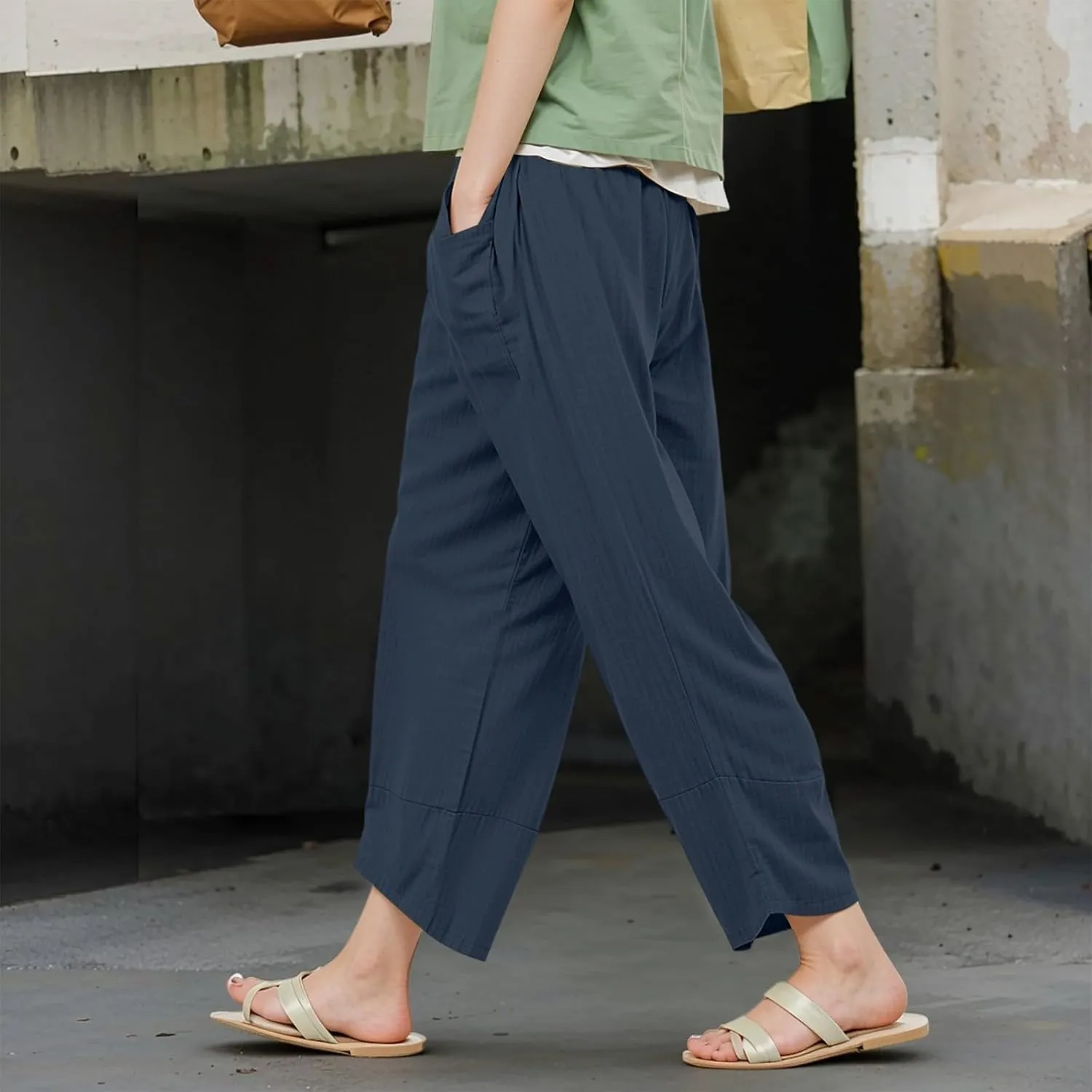 Women's Pants Fashion Baggy Pants Petite Summer Straight Leg Elastic Waist Trousers with Pockets