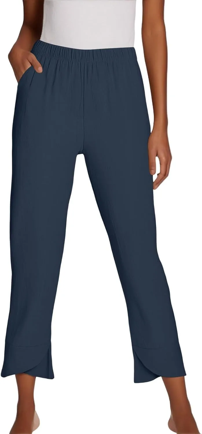 Women's Pants Fashion Baggy Pants Petite Summer Straight Leg Elastic Waist Trousers with Pockets